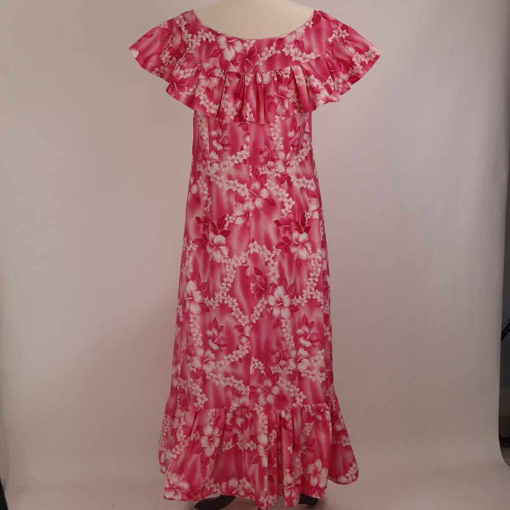 🌺 Vtg Pink Floral Hawaiian Handmade Ruffled Caftan Maxi Dress MuuMuu Resort L - Picture 5 of 6